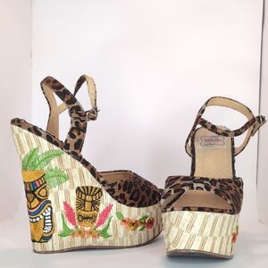 Pinup Couture Leopard and Embroidered Wedges